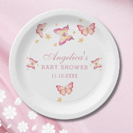 Elegante Perzik Roze Vlinder Baby Meisje Douche Papieren Bordje