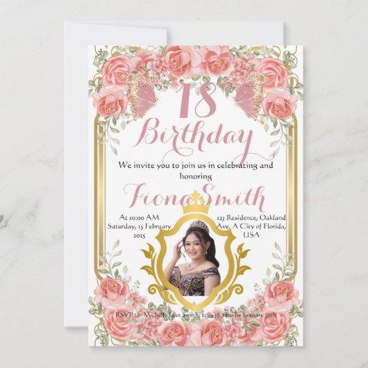 Elegante Perzik Rozen Bloemen Verjaardag Uitnodigi Kaart (Voorkant)