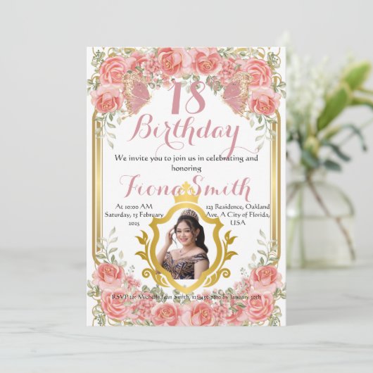 Elegante Perzik Rozen Bloemen Verjaardag Uitnodigi Kaart (Staand voorkant)