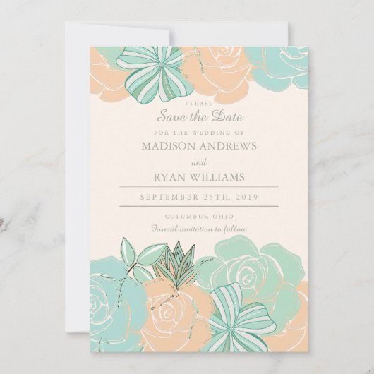 Elegante Perzik Rozen Mint Bloemen Save the Date (Voorkant)