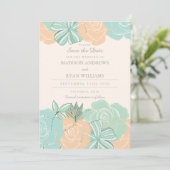Elegante Perzik Rozen Mint Bloemen Save the Date (Staand voorkant)