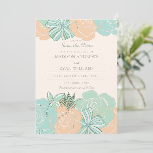 Elegante Perzik Rozen Mint Bloemen Save the Date (Staand voorkant)