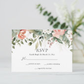 Elegante Perzik Sage Groene Bloemen Bruiloft RSVP Kaartje (Staand voorkant)