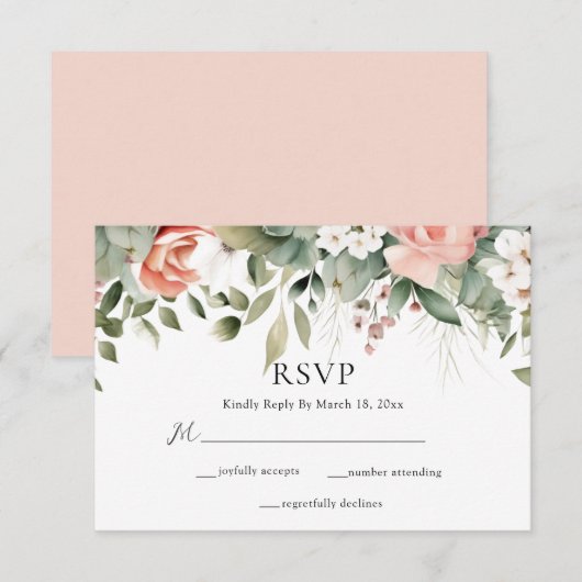 Elegante Perzik Sage Groene Bloemen Bruiloft RSVP Kaartje (Voorkant / Achterkant)