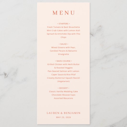 Elegante Perzik Serif Bruiloftsmenu Menu (Voorkant)