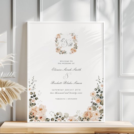 Elegante Perzik Tuin Bloemen Huwelijk Welkom Poste Poster