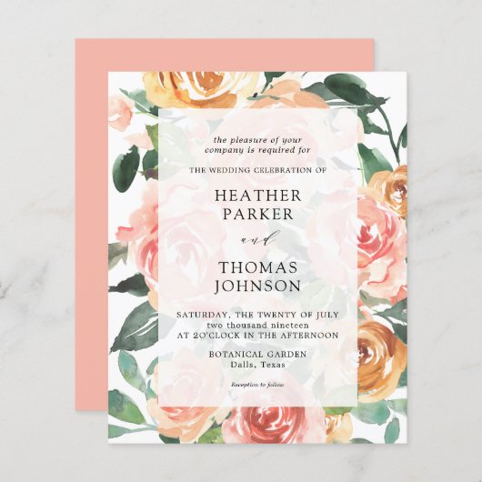 Elegante perzik watercolor bloemen bruiloft budget (Voorkant / Achterkant)