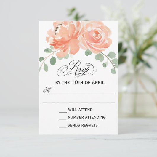 Elegante Perzik Waterverf Bloemen Bruiloft RSVP (Staand voorkant)