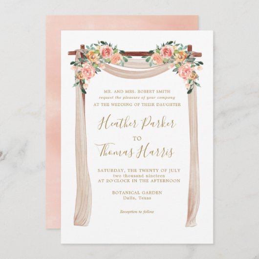 Elegante Perzik Waterverf Bloemenboog bruiloft Kaart (Voorkant / Achterkant)