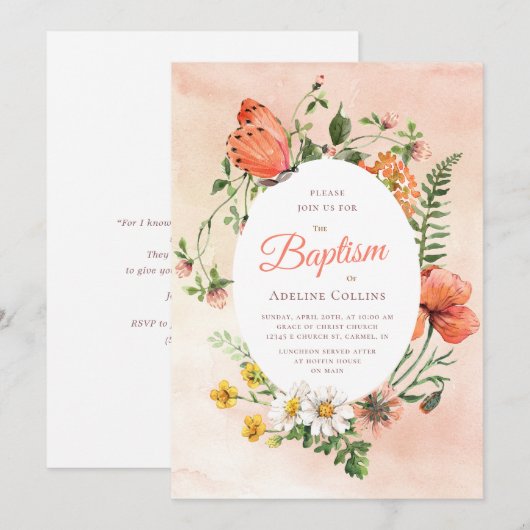 Elegante Perzik Waterverf Bloemendoop Kaart (Voorkant / Achterkant)