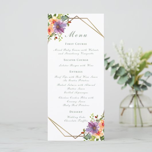 Elegante Perzik Waterverf Floral Boho Bruiloft Menu (Staand voorkant)
