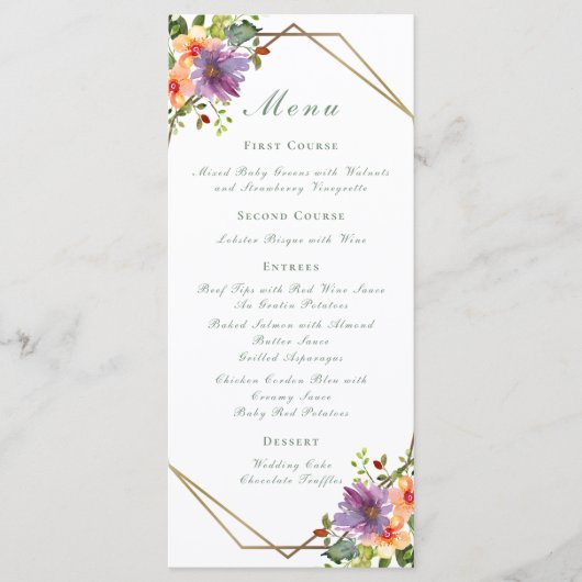 Elegante Perzik Waterverf Floral Boho Bruiloft Menu (Voorkant)