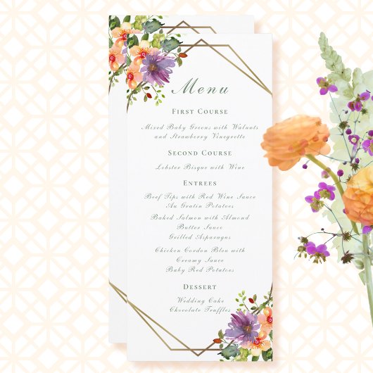 Elegante Perzik Waterverf Floral Boho Bruiloft Menu