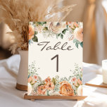 Elegante Perzik Wit Bloemen Eucalyptus Bruiloft Kaart<br><div class="desc">Elegante perzik en crèmekleurige waterverf bloemen en groen botanische waterverf bruiloft receptie tafel nummer met een crème / witte achtergrond.</div>