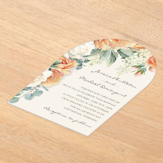 Elegante Perzik Witte Bloemen Eucalyptus Wedding A Acryl Uitnodigingen (Laagn)