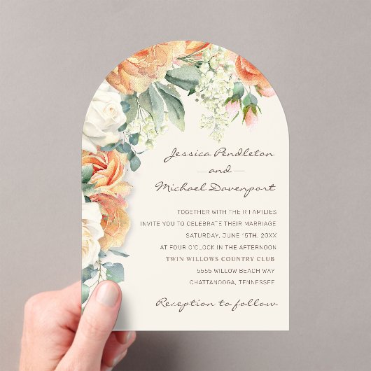 Elegante Perzik Witte Bloemen Eucalyptus Wedding A Acryl Uitnodigingen (Insitu (Draagbaar))