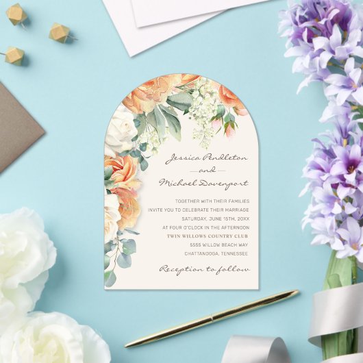 Elegante Perzik Witte Bloemen Eucalyptus Wedding A Acryl Uitnodigingen (Insitu (Huwelijk))