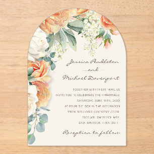 Elegante Perzik Witte Bloemige Eucalyptus Trouwboo Acryl Uitnodigingen
