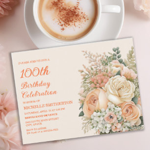 Elegante perzikcrème gekleurde bloem 100ste verjaa uitnodiging briefkaart
