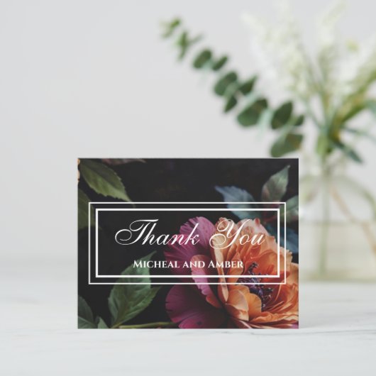 Elegante  perzikkleurige rode bloemige moody boho bedankkaart (Staand voorkant)