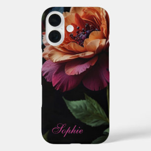 Elegante perzikkleurige rode bloemige moody boho iPhone 16 hoesje