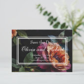 Elegante perzikkleurige rode bloemige moody boho save the date (Staand voorkant)