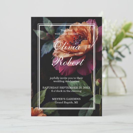 Elegante  perzikkleurige rode bloemige moody bruil kaart (Staand voorkant)