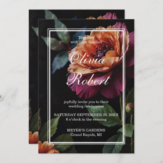 Elegante  perzikkleurige rode bloemige moody bruil kaart (Voorkant / Achterkant)