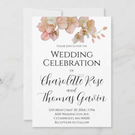 Elegante perzikkleurige roze waterverf bloemenbrui kaart (Voorkant)