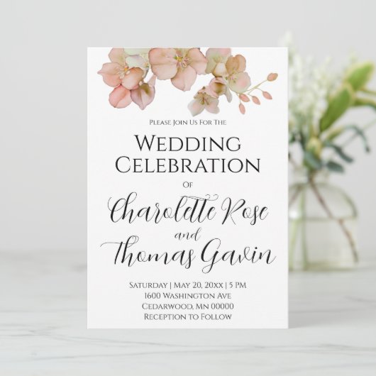 Elegante perzikkleurige roze waterverf bloemenbrui kaart (Staand voorkant)