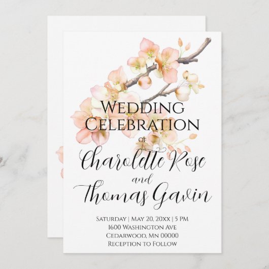 Elegante perzikkleurige roze waterverf bloemenbrui kaart (Voorkant / Achterkant)