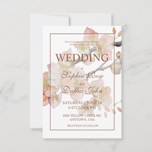 Elegante perzikkleurige roze waterverf bloemenbrui kaart (Voorkant)