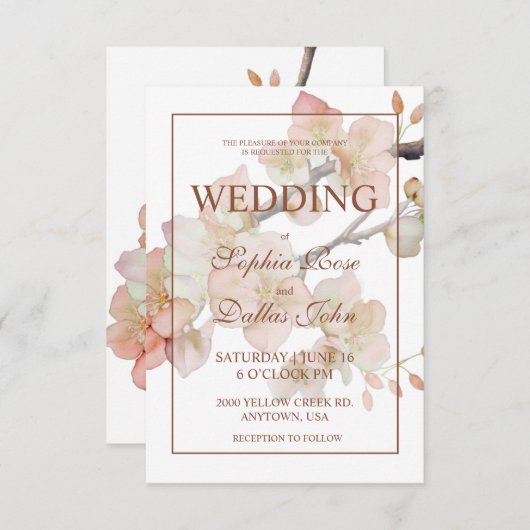 Elegante perzikkleurige roze waterverf bloemenbrui kaart (Voorkant / Achterkant)