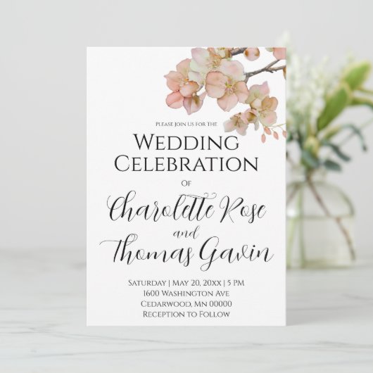 Elegante perzikkleurige roze waterverf bloemenbrui kaart (Staand voorkant)