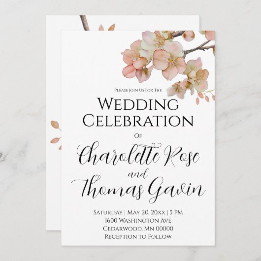 Elegante perzikkleurige roze waterverf bloemenbrui kaart (Voorkant / Achterkant)