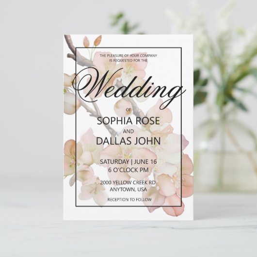 Elegante perzikkleurige roze waterverf bloemenbrui kaart (Staand voorkant)