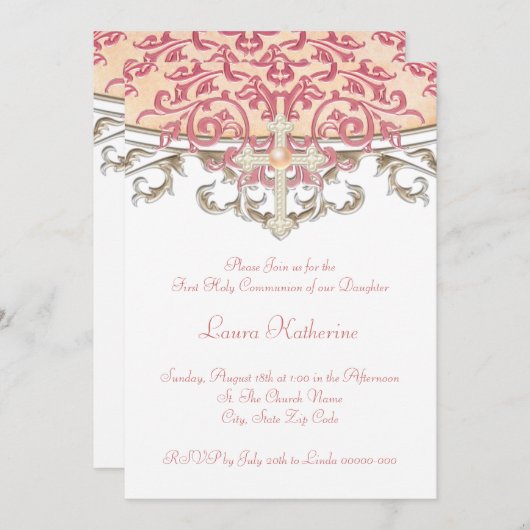 Elegante perzikkoraal eerste communie kaart (Voorkant / Achterkant)