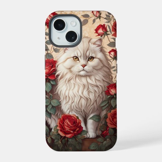 Elegante Perzische kat met Rozen iPhone 15 Case (Achterkant)