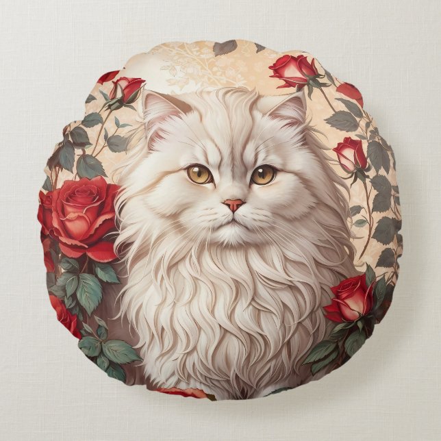 Elegante  Perzische kat met Rozen Rond Kussen (Voorkant)