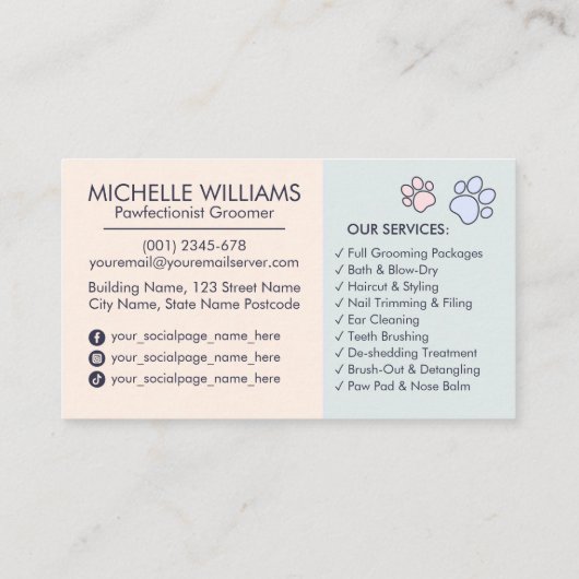Elegante Pet Groomer  Kat & Hond Logo Visitekaartje (Achterkant)