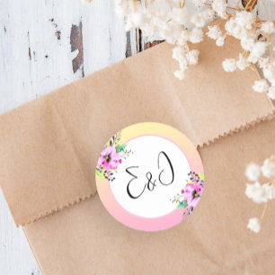 Elegante Petunia's Bloem Geel en Roze Initialen Ronde Sticker