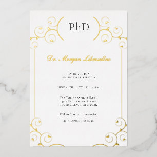 Elegante PhD Goud Grijs Wit Afstudeerfeest Folie Uitnodiging