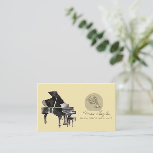 Elegante piano Franse hoornmuzikant muziekdocent Visitekaartje (Staand voorkant)