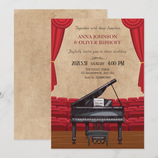  elegante pianobruiloft kaart (Voorkant / Achterkant)