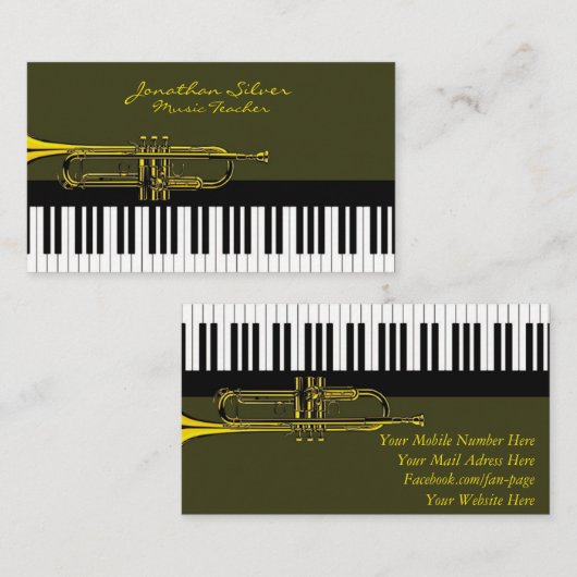 Elegante pianotoetsen & trompetmuziek visitekaartje (Voorkant / Achterkant)