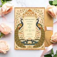 Elegante Pichwai Indiase trouwkaart 'Save the Date