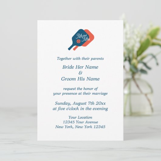 Elegante pickleball bruiloft uitnodiging sjabloon (Staand voorkant)