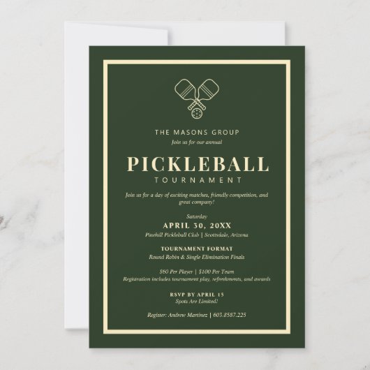 Elegante Pickleball Toernooi Uitnodiging (Voorkant)