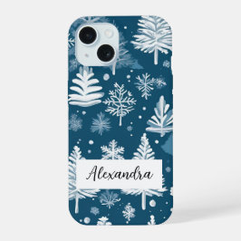 Elegante pijnbomen met vallende sneeuwvlokken Wint iPhone 15 Case