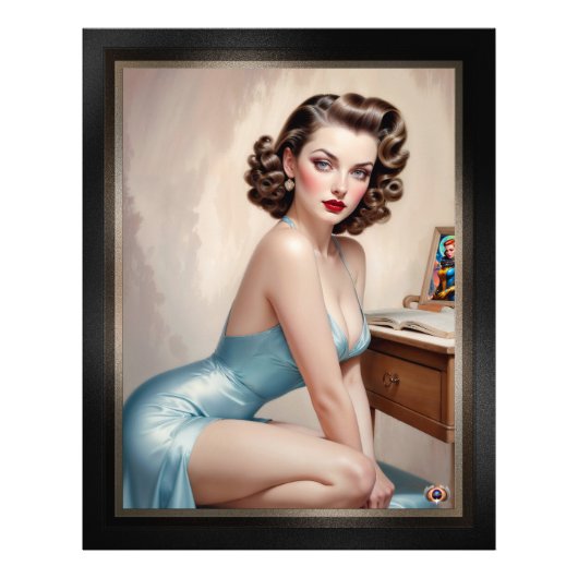 Elegante pin-up meisje schoonheid in satijnblauwe  foto afdruk (Voorkant)